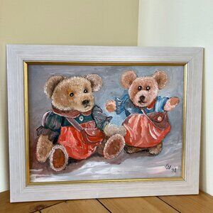 Teddy Bear Friends Original Framed Painting Vintage Signed GW '98